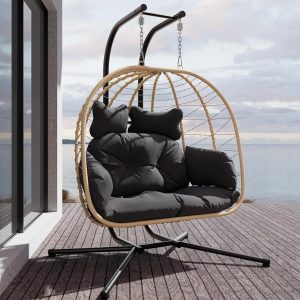 Double Indoor/Outdoor Wicker Swing Egg Chair Hammock Foldable Hanging Loveseat with Stand, UV Resistant Removable Cushions, 700LB Capacity for Bedroom, Balcony, Garden (Yellow and Black)