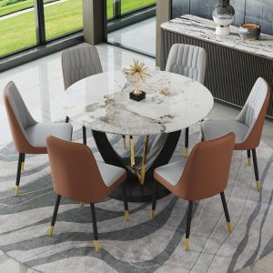 JUFU Round Dining Table Set for 6, 48" Dining Room Table with Faux Marble Tabletop and 6 Upholstered Chairs,Modern Round Kitchen Table Chairs Set for Kitchen, Living Room, Cafe, Restaurant