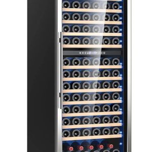 Wine Cooler Refrigerator, Wine Fridge Dual Zone Freestanding for 163 Bottles, 24 inch Wine Refrigerator with Upgraded Compressor, Intelligent Temperature Memory, Low Noise and Fast Cooling